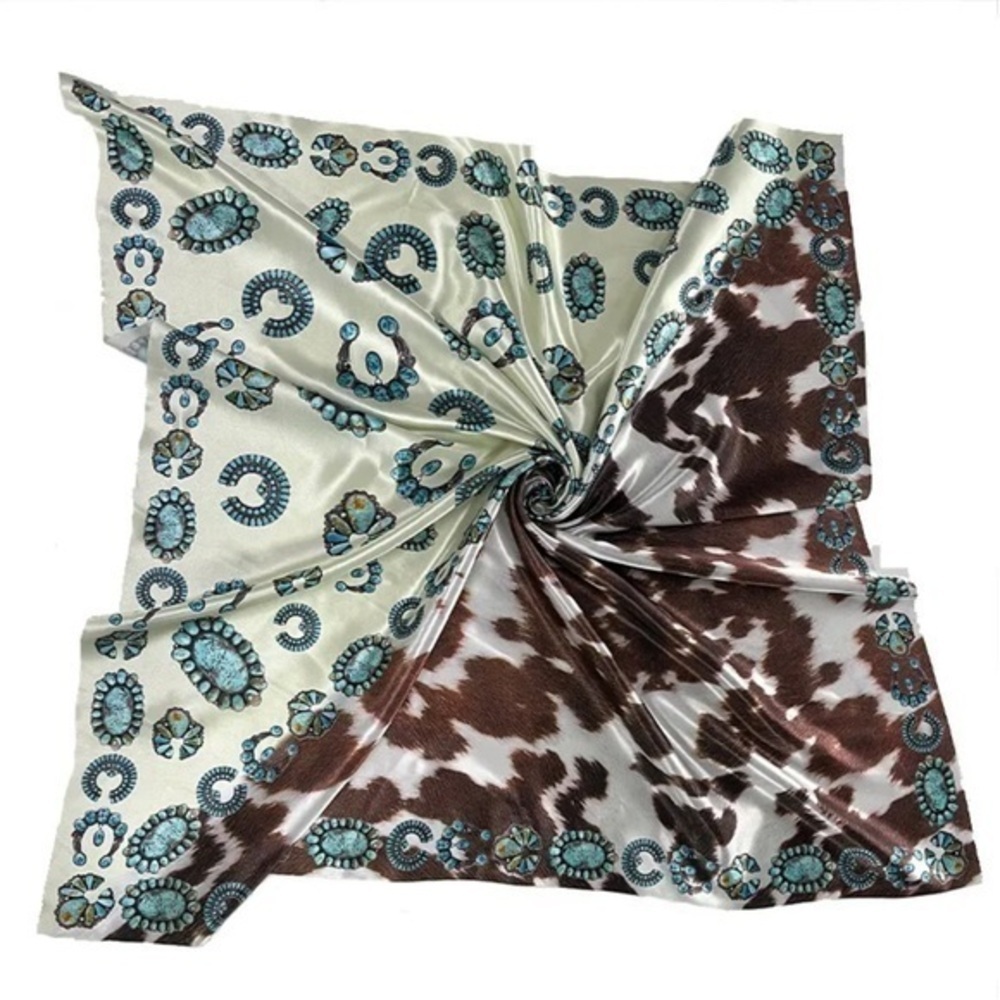 1x SIDED THIN Turquoise Brown cow animal western theme MINI wrist ascot SCARF - Picture 3 of 4